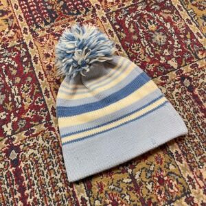 Vintage 70s Meister Blue Striped New Wool Pom Pom Beanie Hat Made in Hong Kong